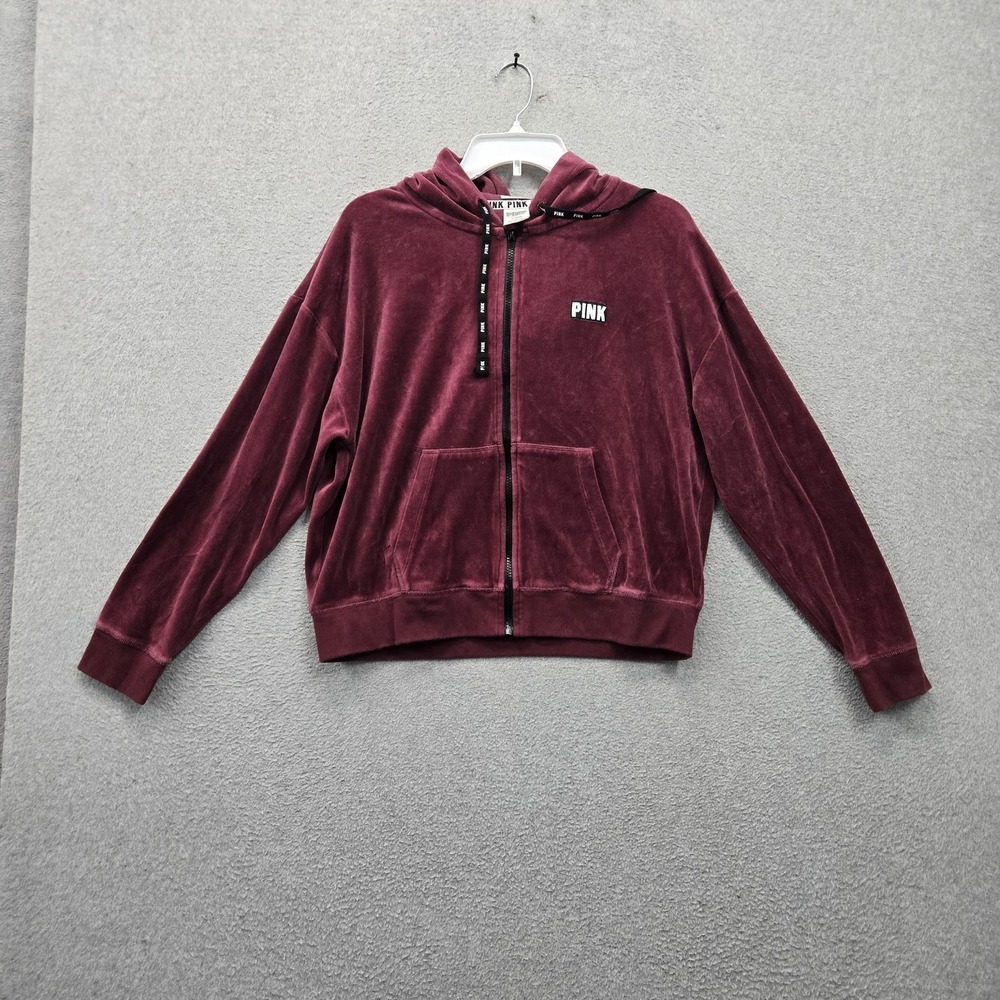 PINK Victoria's Secret Women Hoodie M Burgundy Logo Spellout Velvet Full Zip